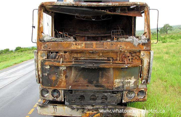 burned truck near Dar es Salaam, Tanzania